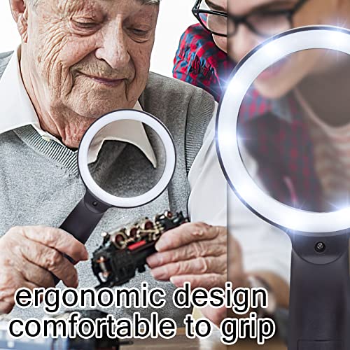 HAKACC 10X Magnifying Glass with Light, 12 LED Illuminated Handheld Magnifier 85mm Magnifying Lens for Hobbies Macular Degeneration Seniors Reading Kids Exploring