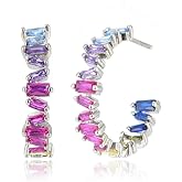 RIZILIA 18K White Gold Plated Hoop Earrings for Women, Baguette Cut Multi Colors CZ Simulated Sapphire, Gemstone Colorful Hoop Earrings, Trendy Jewelry Gift for Women, 22mm