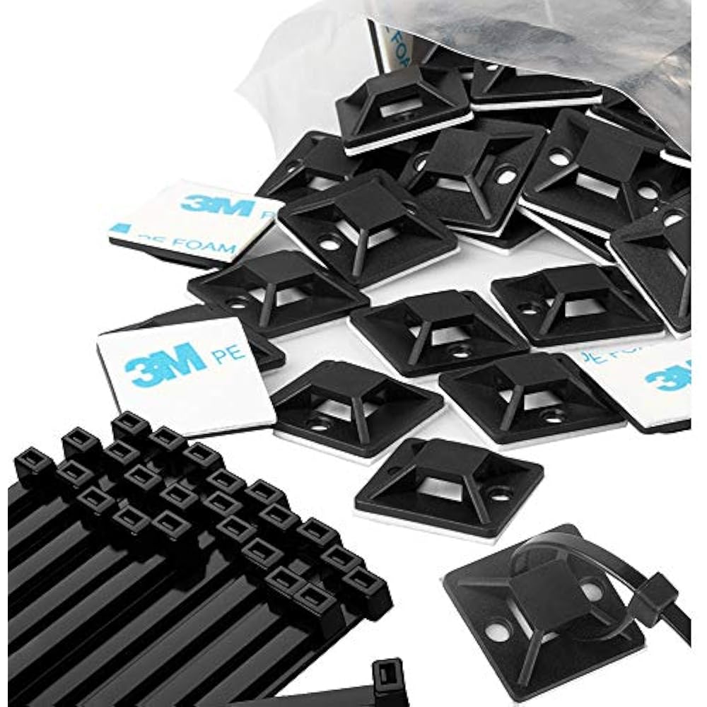 KALENO Zip Tie Mounts Small Cable Adhesive Ties, 3/4in Black 100 Set