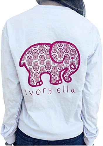 Juniors Girls Elephant Print Round Neck Long Sleeve Casual T Shirt Top Blouse with Pocket (XL, white)