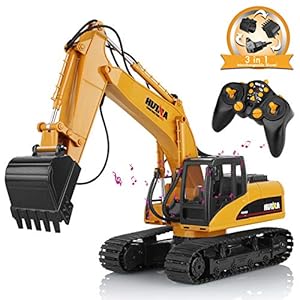 AOKESI UPGRATED 3 in 1 Heads Remote Control Excavator 16 Channel and 2.4G Metal Engineering Tractor 1:14 Scale Drill Excavator Vehicle with Extra Claw & Shovel Head Construction Vehicle Toys for Boys