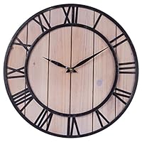 SkyNature Decorative Wall Clock, 18 Inch Vintage Clock with Large Roman Numerals, Indoor Silent Non-Ticking Battery Operated Metal & Wooden Clock for Living Room, Bedroom, Kitchen, Den - Brown