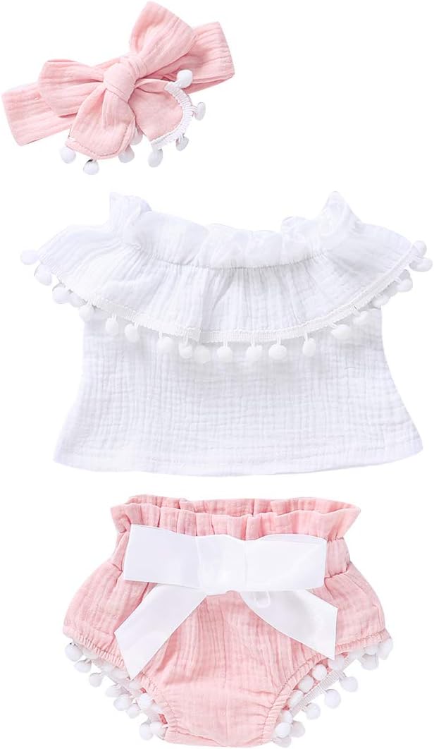 Infant Girl Clothes Off Shoulder Tops Tshirt Shorts Bottoms with Bowknot Headband Baby Girls Clothes 3PCS Set