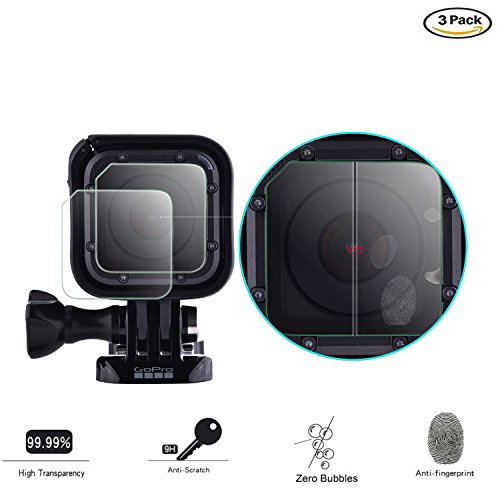 Screen Protector for GoPro Hero 5 Hero 4 Session Tempered Glass Ultra Thin with Lens Cap Cover, TaichiAqua 3 pcs Action Camera Accessories