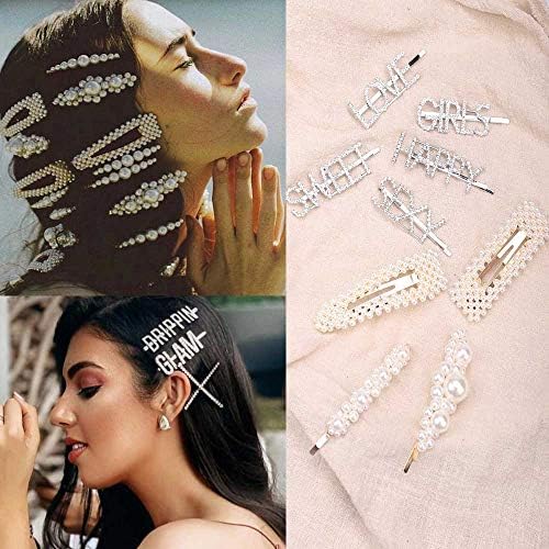 Missgrace Women Silver Rhinestones Letter and Pearls Hair Clips Wedding Rhinestone Woodland Hair Jewelry Women and Bridal Hair Accessories for Women and Girls Set of 9
