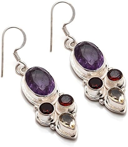 Designer .925 Sterling Silver Overlay Earrings with Genuine Garnet, Citrine and Amethyst Gemstones Fashion Earrings