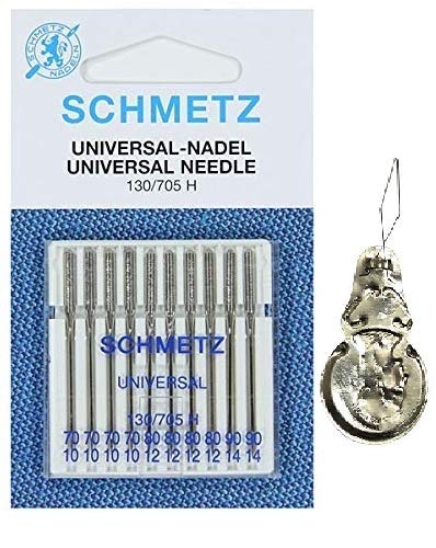 Sewing Machine Needles by Schmetz - Universal (Regular/Standard), Assorted Sizes 70/10, 80/12 & 90/14 (Pack of 10) with 2 Needle Threaders