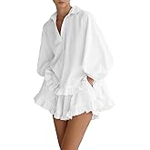 Sotimoon Womens 2 Piece Outfits Ruffle Trim Long Sleeve Button Down Shirt and Shorts Casual Striped Lounge Sets