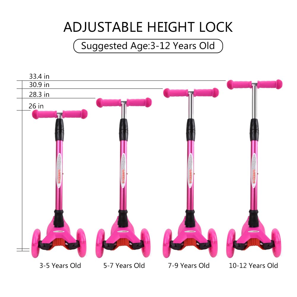 ChromeWheels Scooters for Kids, Deluxe 3 Wheels Kick Scooter 4 Adjustable Height 132lbs Weight Limit, Lean to Steer LED Light Up Wheel, Best Gifts for Girls Boys Ages 3-12 Years Old