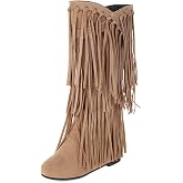 gongxifacai Women's Fringe Western Boots Hidden Heel Knee High Boots