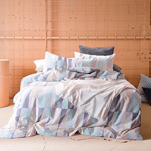 Linen Cotton Geometric Duvet Cover Set, 100% Cotton Bedding, Abstract Triangle Modern Pattern Printed, with Zipper Closure (3pcs, King Size)