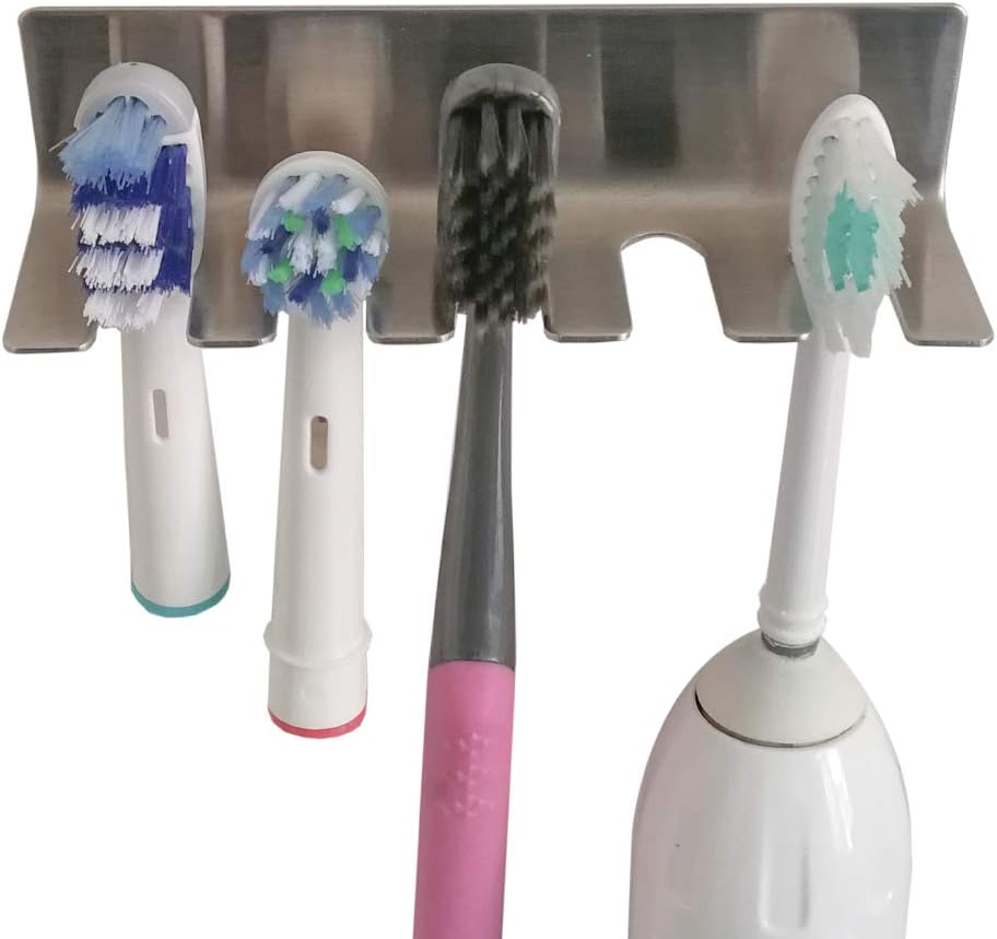 Wall Mounted Toothbrush Holder, Stainless Steel Toothbrush Holder with Self-Adhesive No Drilling Toothbrush Organizer