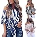 Kizaen Women's Striped Shirt Off Shoulder Bell Sleeve T Shirt Front Tie Knot Casual Blouses Tops