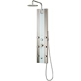 Tropicana ShowerSpa Panel with 10" Rain Showerhead - Brushed Stainless Steel Body &amp; Fixtures, Seafoam Tempered Glass Panel, 1.8GPM - Rain Shower Head with Handheld Spray Wand, 6 Silk-Spray Jets, Spout