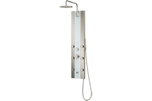 PULSE SHOWERSPAS Tropicana ShowerSpa Panel with 10" Rain Showerhead - Brushed Stainless Steel Body & Fixtures, Seafoam Tempered Glass Panel, 2.5GPM - Rain Shower Head with Handheld Spray Wand, 6 Silk-Spray Jets, Spout