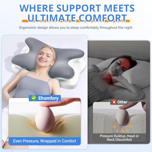 Ehomfory Memory Foam Pillow Neck Pillow, Ultra Pain Relief Side Sleeper Pillow for Neck Support, Ergonomic Cervical Pillow Cozy Sleeping, Bed Pillow for Side Back Stomach Sleeper (Grey)