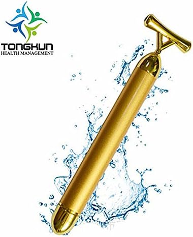 TONGKUN 24k Glod Beauty Bar Pulse Facial Massager Anti-ageing Sliming Face Lift Weaken Wrinkles Facial Roller Massage High Frequency Vibration - Upgraded V Shaped Bar with Natural Healing Stone