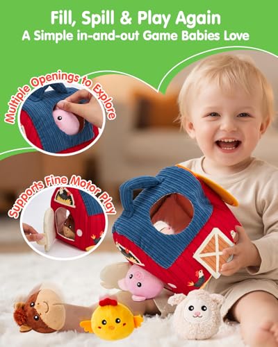 hahaland Montessori Baby Toys 6-12 Months - Surprise Barn with Stuffed Farm Animals Toys for Babies with Rattle & Mirror, Sensory Toys for Babies Boy Girl, Travel Toys for Toddlers 1-3