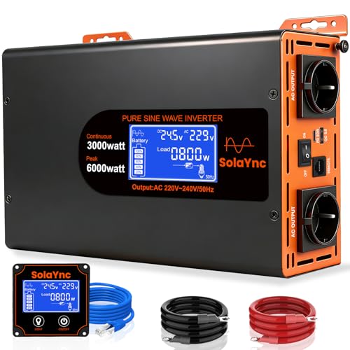 SolaYnc 3000W/6000W 24V 220V/230V Pure Sine Inverter DC AC Sine Wave Inverter, with LCD Display, Remote Control, 2 EU AC Sockets, Type-C 30W Interface and USB Port, for Cars, Boats, Trucks