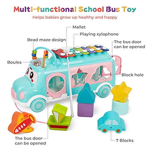 DeeXop Baby Toys 12-18 Months+ Activity Cube Toy Bus include Xilofono, Shape Sorter, Pull Along Toys per 1 anno, Toddler giocattoli educativi per lo sviluppo musicale e forma