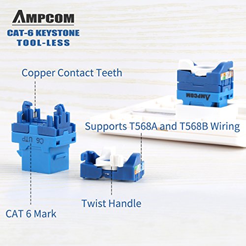 5-Pack CAT6 Tool Less Keystone Jack,AMPCOM RJ45 Self-Locking Cat.6 Keystone Module Adapter No Punch-Down Tool Required Couplers for Wall Plate UTP Blue