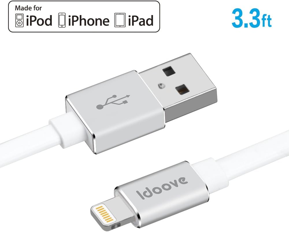 Idoove Apple MFi Certified Lightning to USB Charger Tangle-Free Flat Sync Cable for iPhone 8/ X / 7Plus/ 7/6s/6s plus/6/6 Plus,iPad,iPod and More-3ft/1M(Silver)