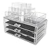 Sodynee Acrylic Makeup Organizer Cosmetic Organizer Jewelry and Cosmetic Storage Display Boxes Two Pieces Set(3 Drawer Makeup Storage + Lipstick Liner Brush Holder)