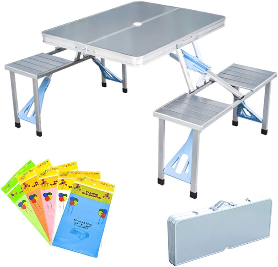 Folding Picnic Table and Beach Set, Siamese Tables and Chairs Set, Aluminum Alloy Portable Desk with 4 Seats for Indoor Outdoor Travel, Camping.Hole for Parasol, Foldable with Handle(Aluminum): Kitchen & Dining