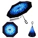 Double Layer Wind Proof,UV Proof Reverse Folding Inverted Umbrella Travel Umbrella with C Shape Handle and Carrying Bag-Blue Daisy