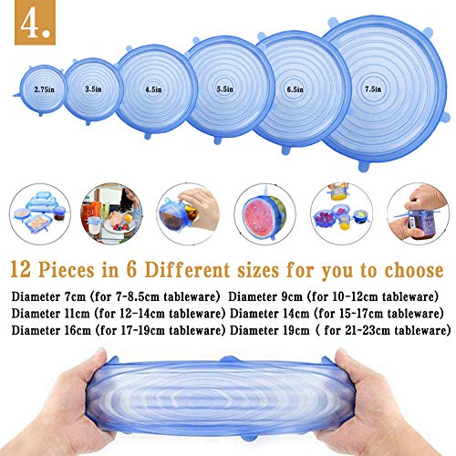 Cosyzone Silicone Stretch Lids 12 Pack Reusable Durable Food Bowl Covers Fits Various Shapes Sizes Container As Seen On TV- Safe in Dishwasher, Microwave and Freezer