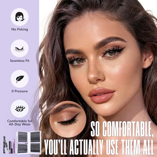 BEYELIAN Cluster Lashes Kit 608Pcs Lash Clusters with Glue and Remover and Lash Tweezer, Volume Clusters Lash Book Kit D Curl Eyelash Extensions for DIY at Home 8-16mm (60D+80D+100D+120D)