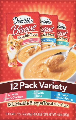 DELECTABLES BISQUE LICKABLE WET CAT TREATS – CHICKEN, TUNA & SHRIMP, 12 COUNT