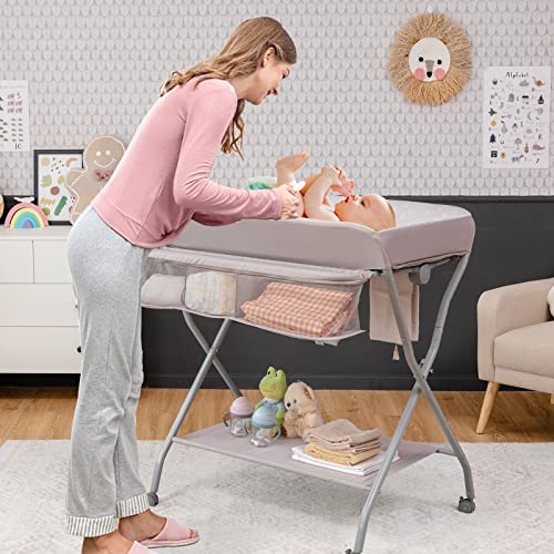 Costzon Portable Changing Table, Mobile Baby Changing Table with Wheels