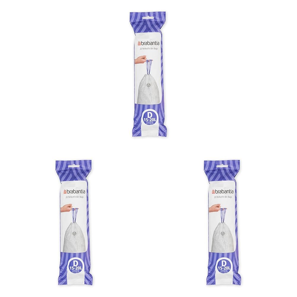 Brabantia PerfectFit Trash Bags (Size D / 4-5.3 Gal) Thick Plastic Trash Can Liners with Drawstring Handles (20 Bags) (Pack of 3) Image
