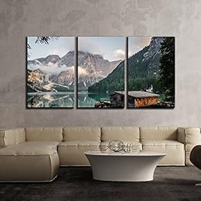 3 Piece Canvas Wall Art - Landscape with Mountain and Wood Hut and Reflection on Water - Modern Home Art Stretched and Framed Ready to Hang - 16"x24"x3 Panels