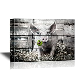 Pigs Canvas Wall Art - Pig with Lucky Four Leaf Clover on Wood Style Background - Gallery Wrap Modern Home Art | Ready to Hang - 12x18 inches