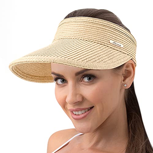 NICEEN Straw Sun Visor Hat for Women, Rollup Foldable Wide Brim UPF 50