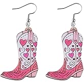 Boho Western Cowgirl Boots Hat Wooden Earrings for Women Pink Cowboy Flower Leaf Dangle Drop Earrings Country Concert Theme Party Jewelry Gift