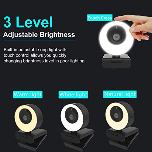 1080P 60FPS Webcam with Microphone, 2021 COSHIP Computer Camera with Ring Light, Privacy Cover, Advanced Auto-Focus… - Image 3