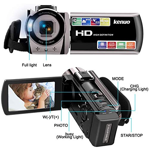 Rokurokuroku Camcorder Videokamera Full HD 1080P 24MP, Vlogging Kamera für YouTube 16X Digitalzoom 3.0 Zoll LCD 270 Grad… – Bild 7