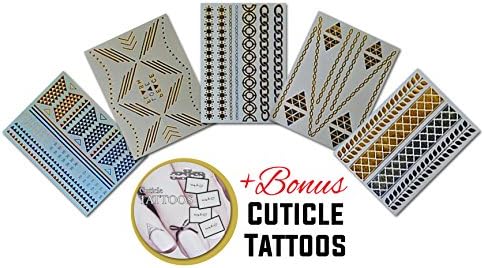 Temporary Metallic Tattoo 5 Sheet Shimmer Pack + BONUS Cuticle Tattoo –Gold , Silver Tribal Aztec Chevron Feathers Stars Non-toxic Long Lasting Waterproof Necklaces Bracelets Rings (Pack 3)