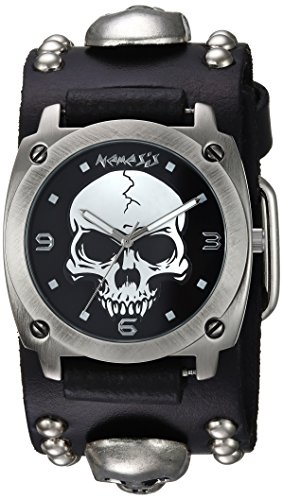 Nemesis Men's MSK926K Punk Rock Collection Black Heavy Duty Skull Leather Band Watch