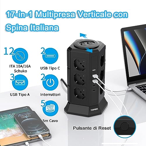 TOPREK Vertical Power Strip with 12 Universal Sockets ITA 10/16A and Schuko and 2 USB C and 3 USB A (USB-C1 20 W PD3.0 Fast Charge), 4000W/16A, Power Strip with 2 Switches, 5M Cable, 16A Connector