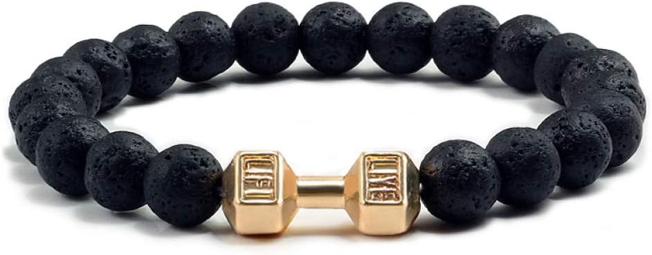 DUSHOULIAN Bracelet,Natural Black Volcanic Lava Stone Dumbbell Bracelet Black Matte Beads Bracelets for Women Men Fitness Barbell Jewelry