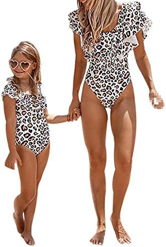 Mommy and Me Swimsuits Leopard Ruffles Swimwear Mother Daughter Monikini Bathing Suit