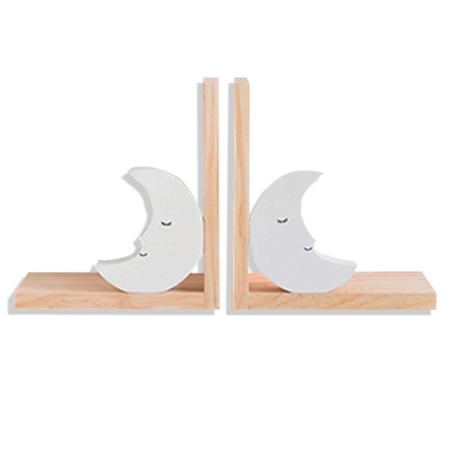 Nacnic Set of Two Wooden White Moon Bookends. Anti-slip bookends for bookshelves. Children's room decoration and for kids