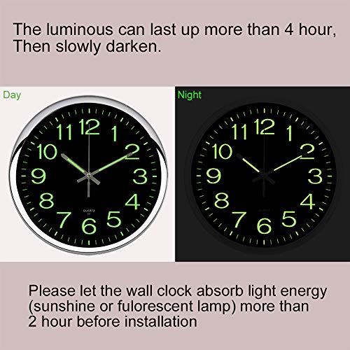 OCEST Wall Clock, 12 Inch Silent Non-Ticking Quartz Wall Clock with Night Light Large Display Battery Operated for Indoor Kitchen Office Bathroom Living Room Garage(Silver)