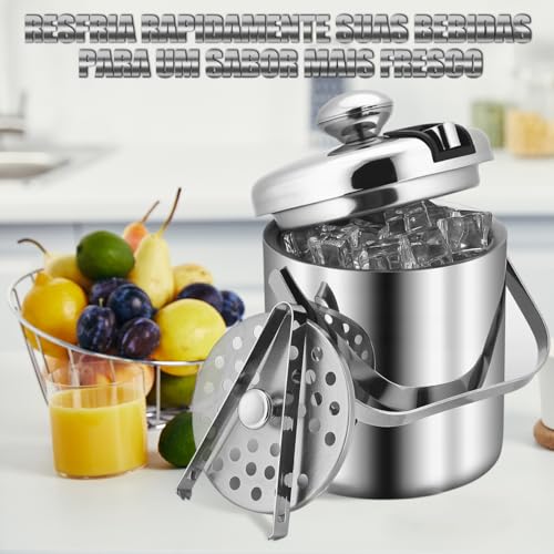 1.3L Balde Gelo Aço Inox Parede Dupla com Pegador Tampa Alça, Balde Térmico com Pinça, Tbalde Termico com Coador