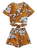 SweatyRocks Women's Boho Floral Print Spaghetti Strap Crop Cami Top With Shorts Yellow XL