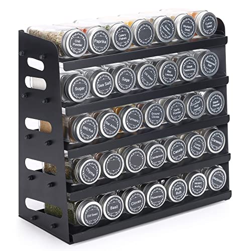 Spice Jars and Rack, 34 Glass Spice Jars and 5 Tiers Metal Organizer, Named Sticky Seasoning Labels, Airtight Caps and Sift/Pour Lids for Kitchen, Countertop, Cabinet, Pantry (Stand or Drawer Insert)
